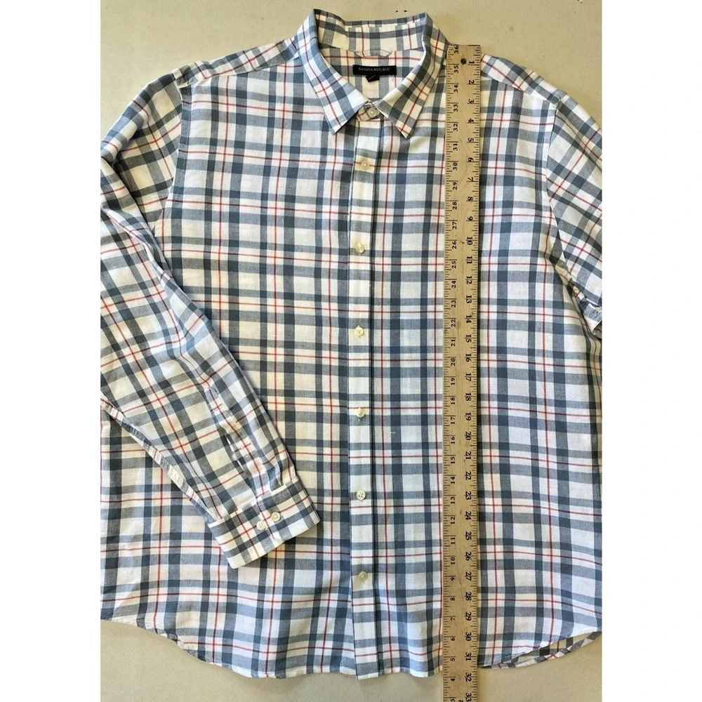 Banana Republic Shirt Mens XXL Red White Blue Plaid Button Up Long Sleeve Linen